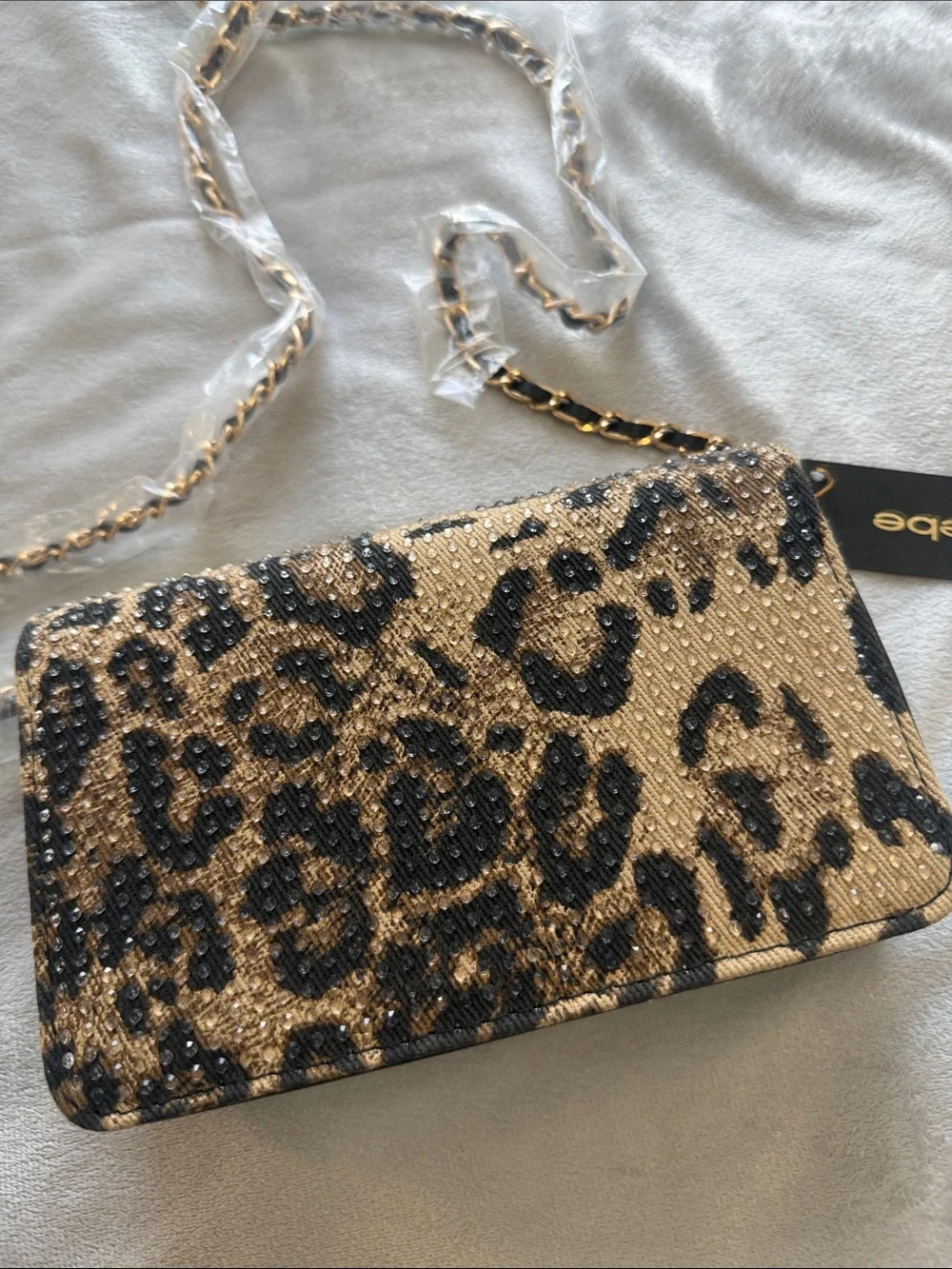 bebe Leopard Beaded Crossbody in Gold and Black